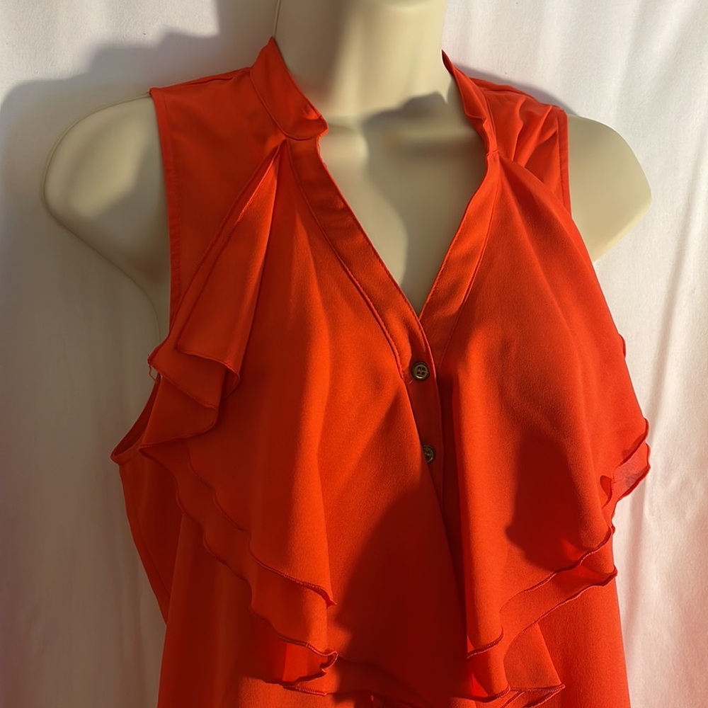 Orange Ruffled Chest Tank / Sleeveless Blouse, Size Medium by B Wear - Picture 2 of 7